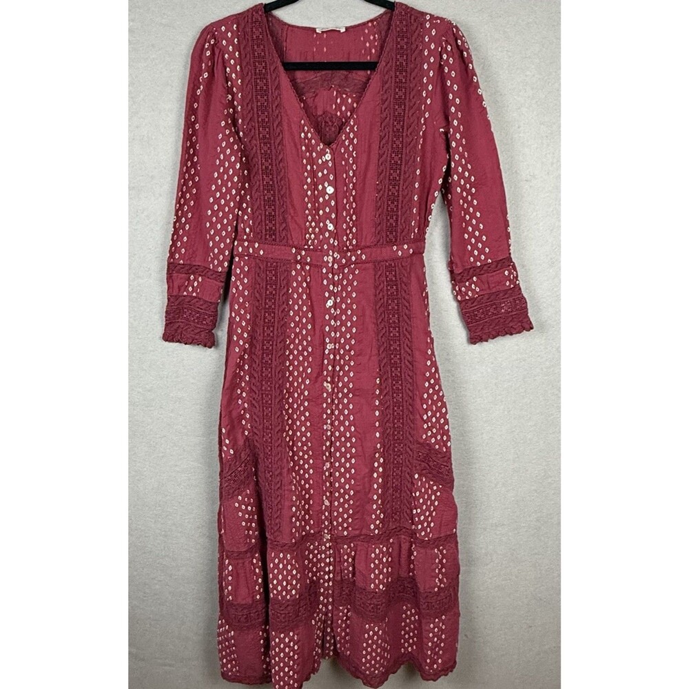 LoveShackFancy Maxi Dress Womens 4 Burgundy Excellent Lace Boho Button Front